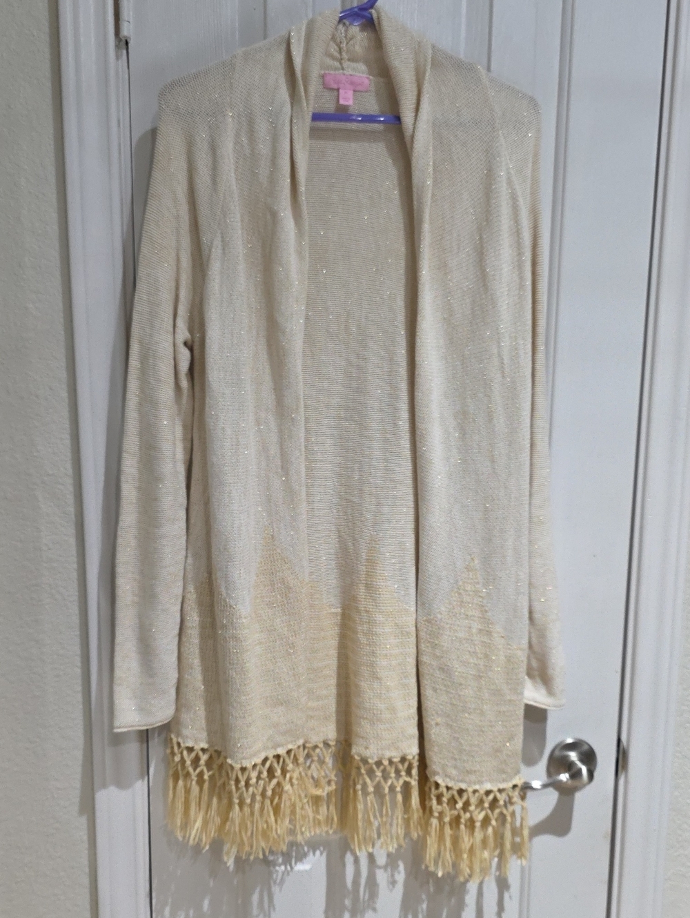 Lilly Pulitzer Cream Open-Front Fringe Cardigan Size M